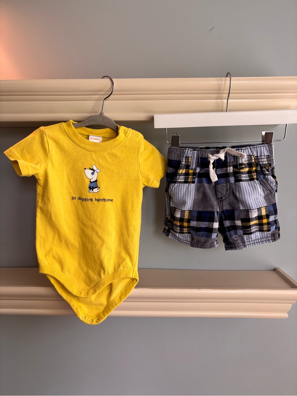 Gymboree Yellow Puppy Graphic Bodysuit with Plaid Shorts Set